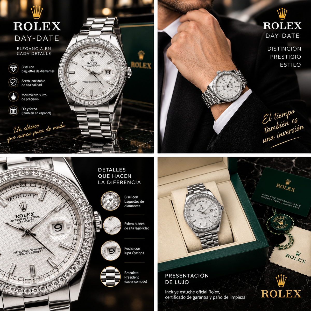 Rolex Day-Date Baguette Plateado-Blanco