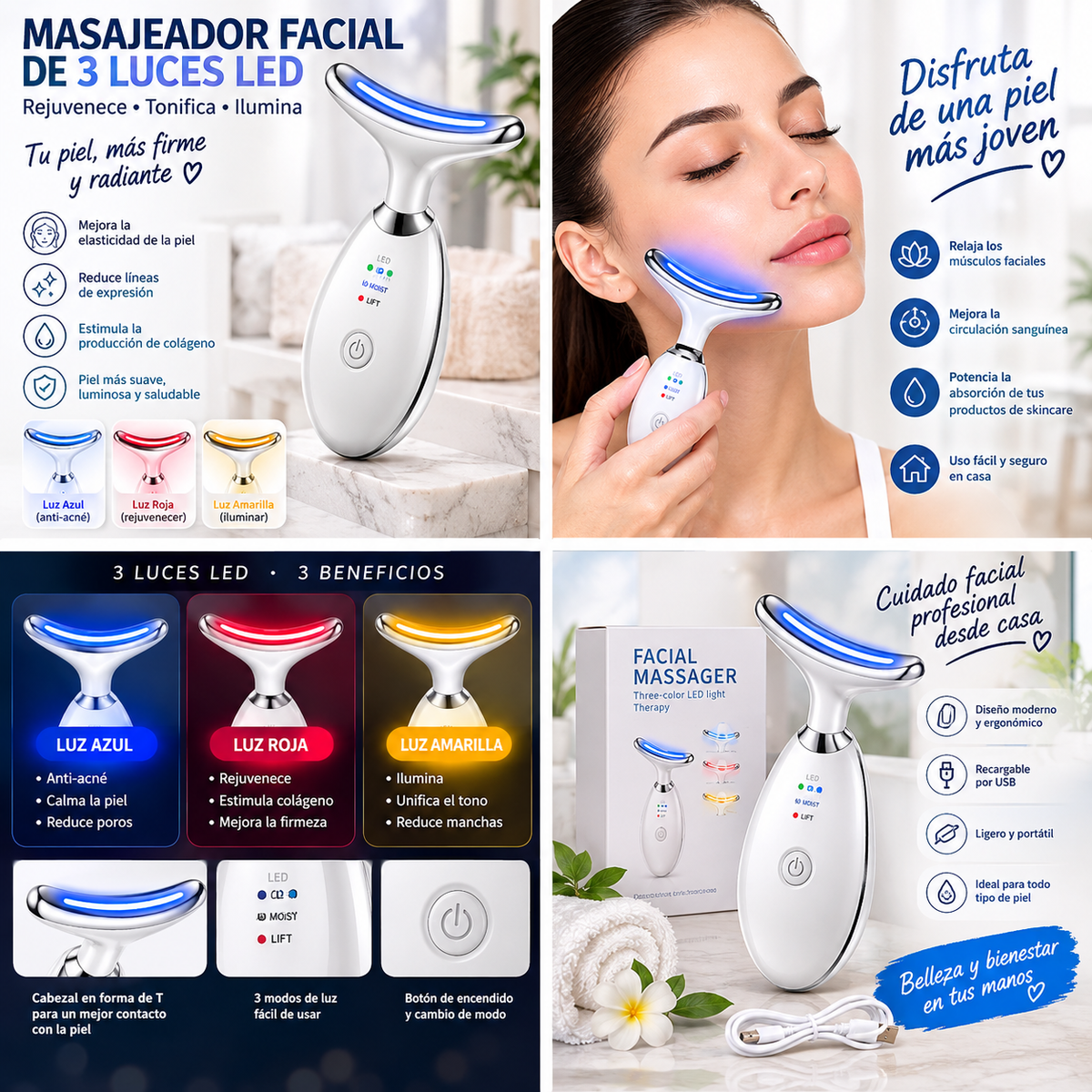 Masajeador Facial de 3 Luces LED