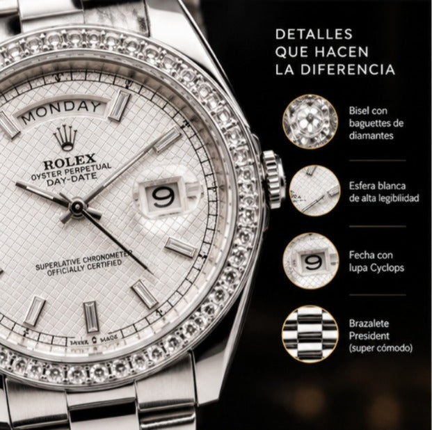 Rolex Day-Date Baguette Plateado-Blanco