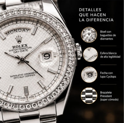 Rolex Day-Date Baguette Plateado-Blanco